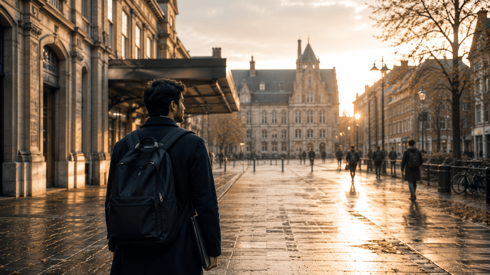 Pakistani student walking toward a European university district